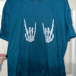 SHEIN Blue Short Sleeve Tee with Skeleton Hand Design